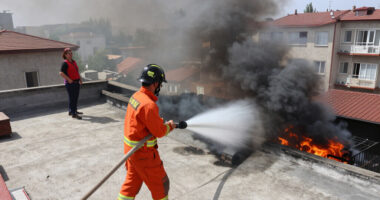 Fire Erupts On Building Roof In Ankara