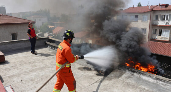 Fire Erupts On Building Roof In Ankara